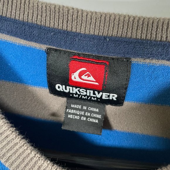 Quiksilver Striped Sweater Mens Medium Blue Gray Knit Pullover Crew Neck - Picture 2 of 6